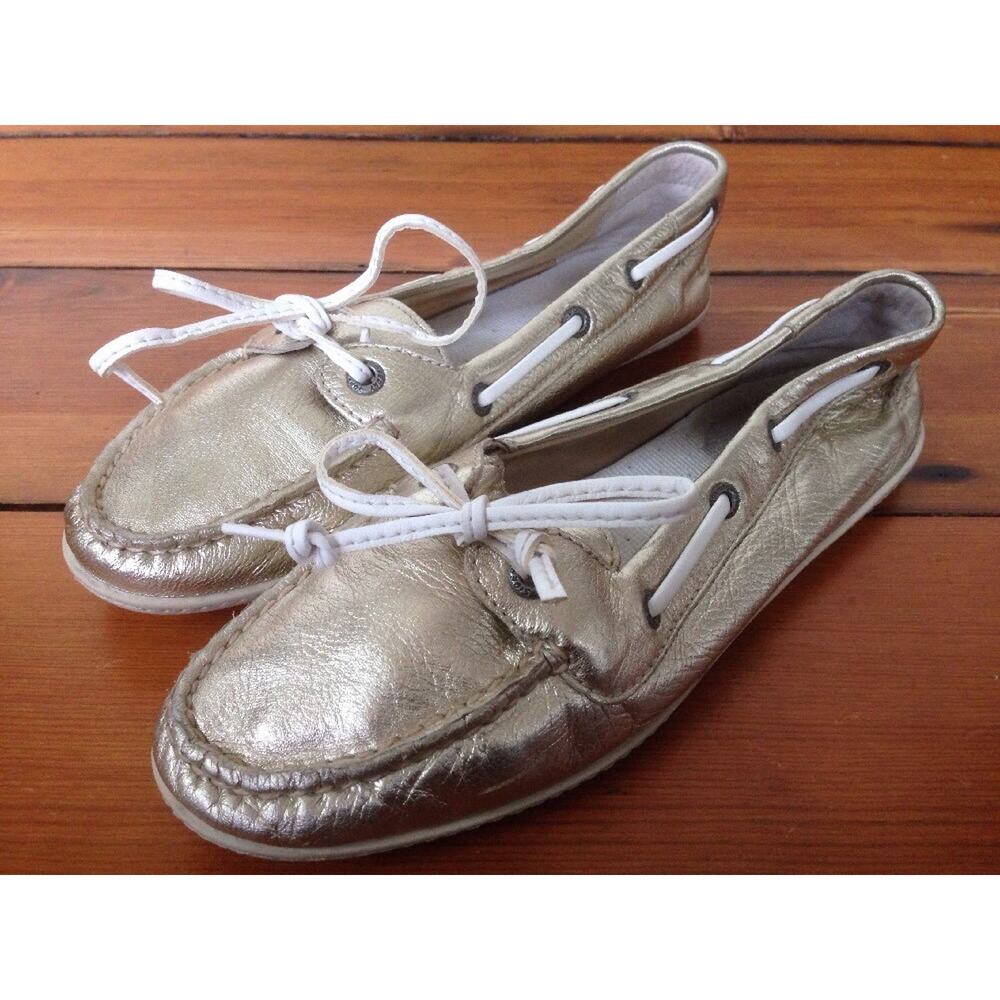 Sperry Topsiders Gold Leather Preppy Boat Shoe Driving Moccassin Loafers 6.5M 37